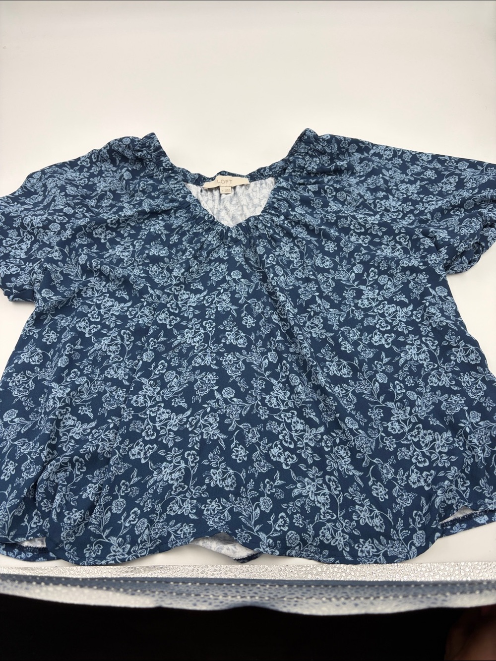 LOFT Navy Blue Floral V-Neck Short Sleeve Top